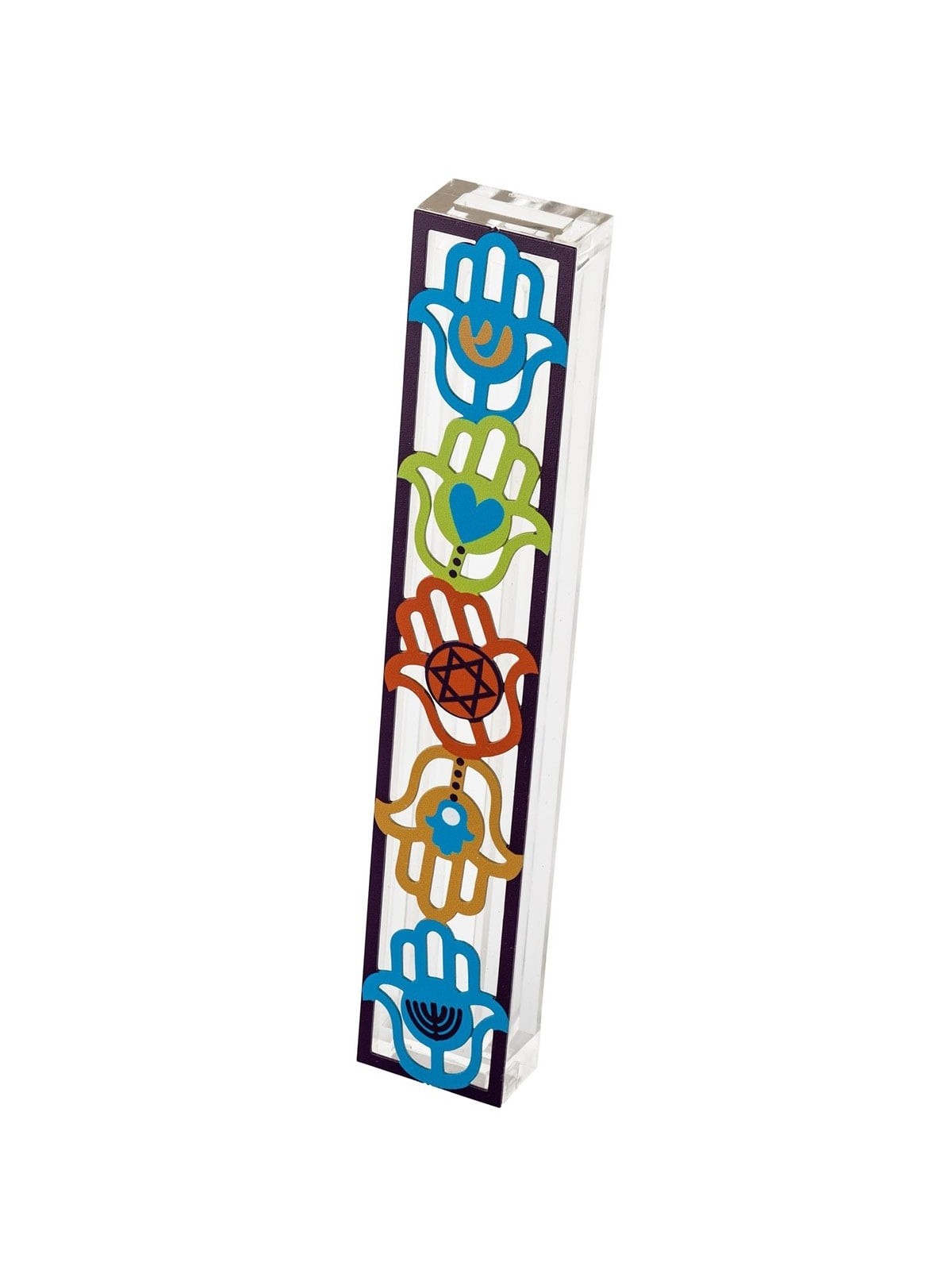 Dorit Judaica Large Acrylic Mezuzah Case With Colorful Hamsa Design
