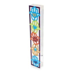 Dorit Judaica Large Acrylic Mezuzah Case With Colorful Hamsa Design