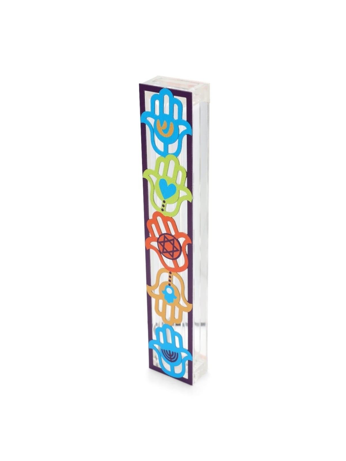 Dorit Judaica Large Acrylic Mezuzah Case With Colorful Hamsa Design