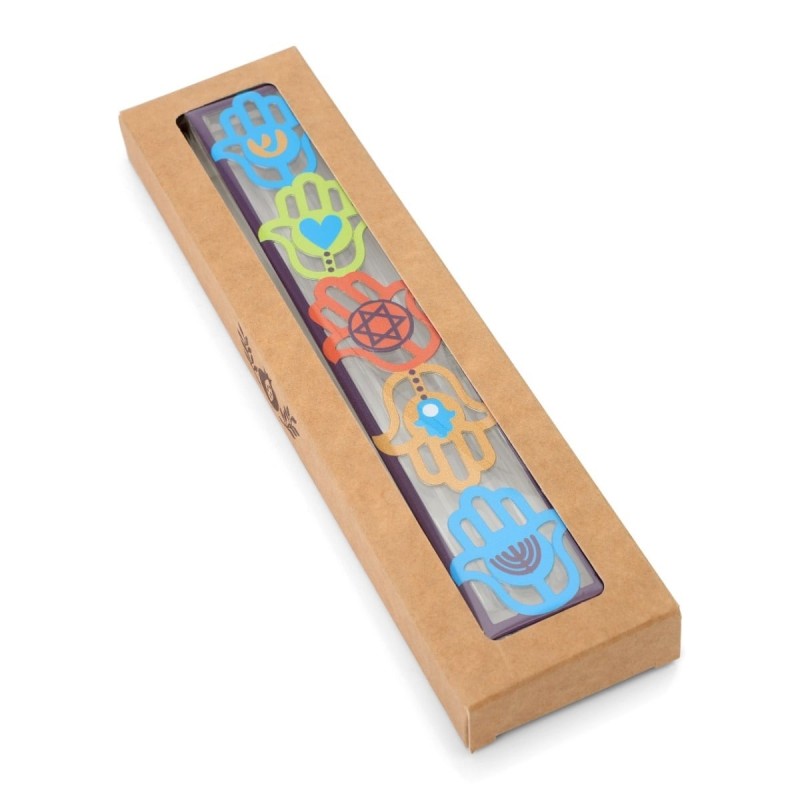 Dorit Judaica Large Acrylic Mezuzah Case With Colorful Hamsa Design
