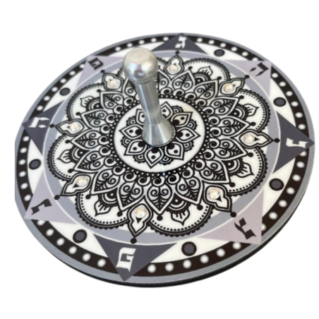 Dorit Judaica Large Floral Mandala & Crystal Stone Wooden Dreidel