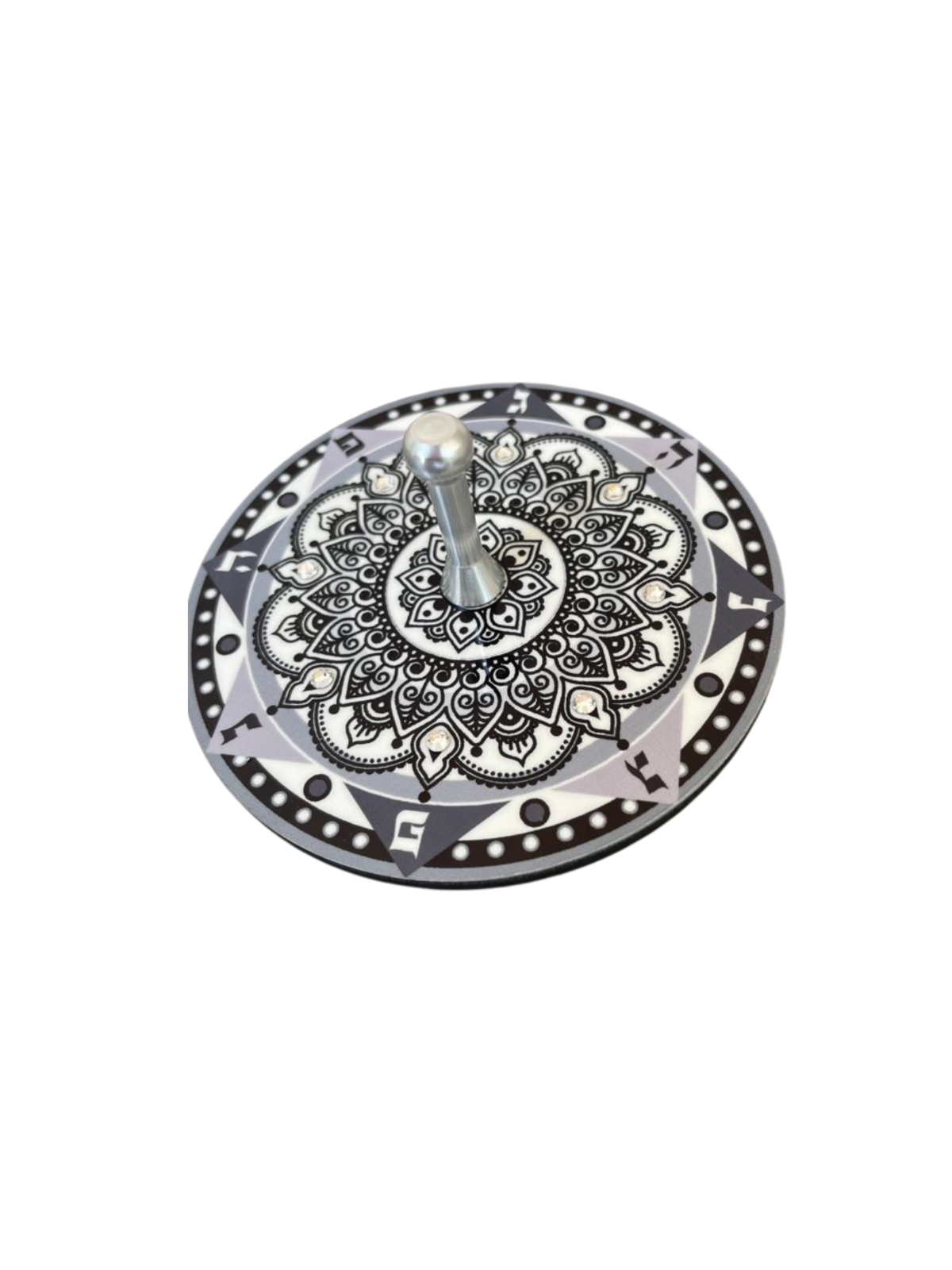 Dorit Judaica Large Floral Mandala & Crystal Stone Wooden Dreidel