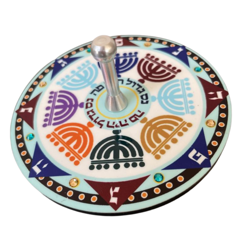Dorit Judaica Large Menorah Pattern & Crystal Stone Wooden Dreidel
