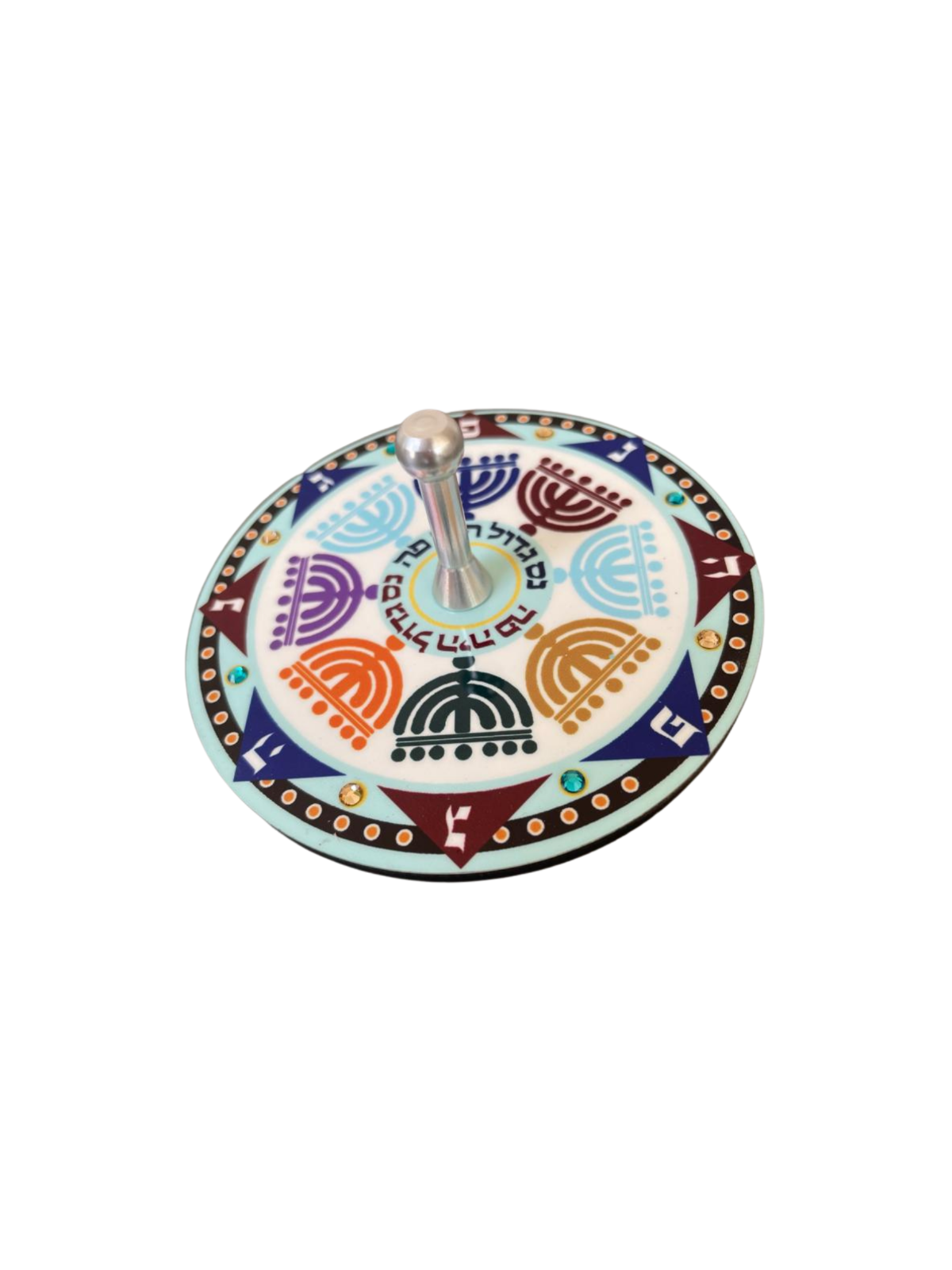 Dorit Judaica Large Menorah Pattern & Crystal Stone Wooden Dreidel
