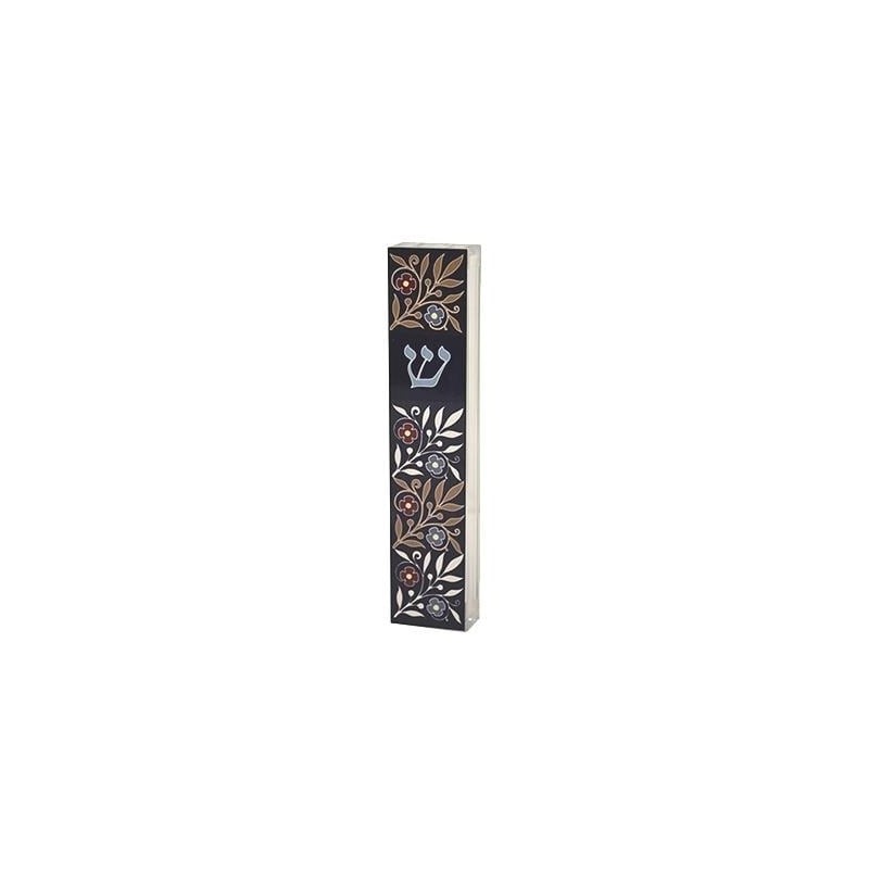 Dorit Judaica Acrylic Mezuzah Case with Aluminum Front - Flowers (Blue
