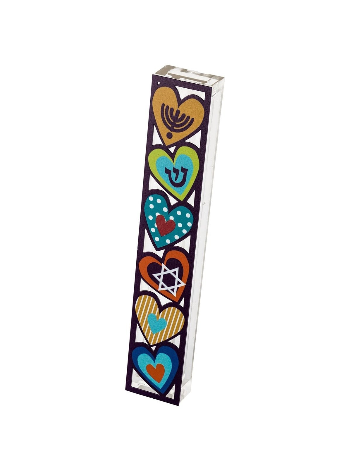 Dorit Judaica Acrylic Mezuzah Case With Colorful Heart Design