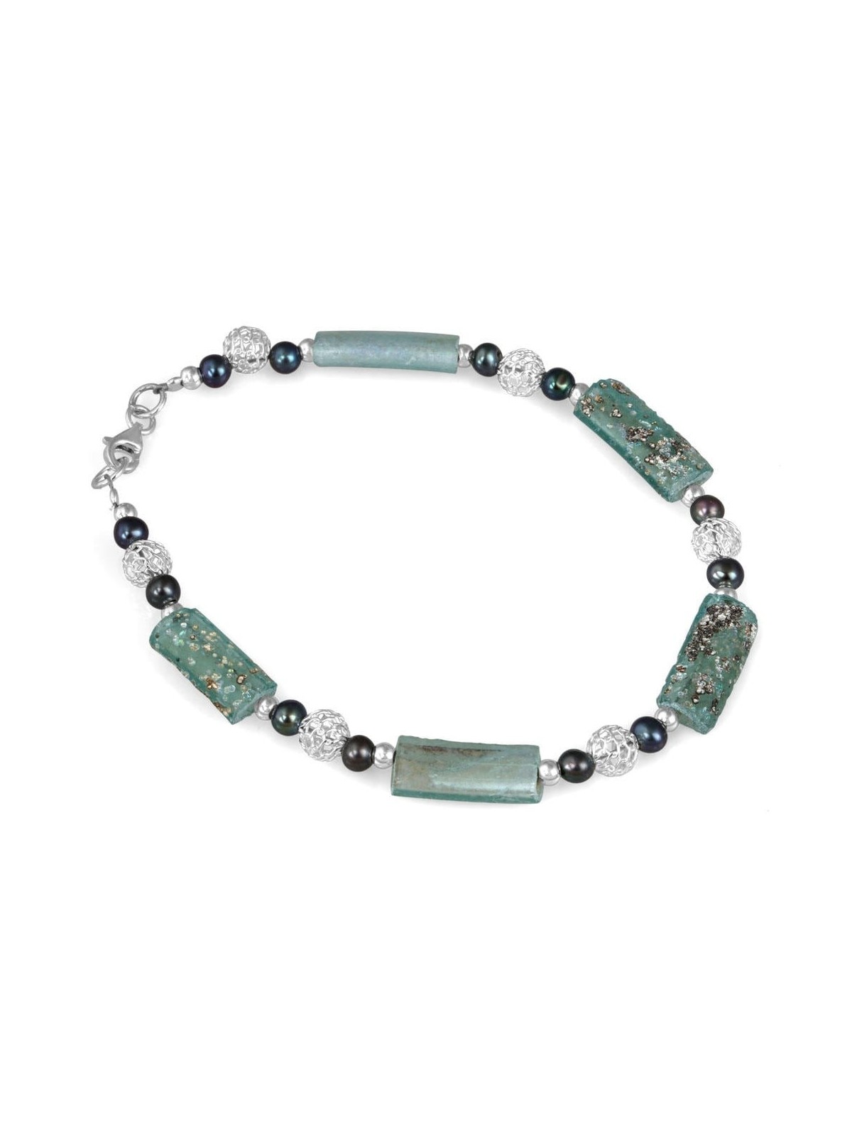 Sterling Silver Bracelet with Roman Glass and Black Pearls
