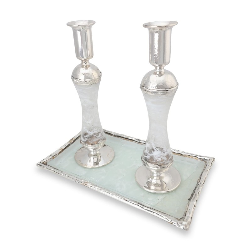 Large Sterling Silver-Plated Glass Shabbat Candlesticks (White)