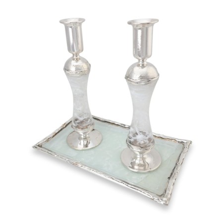 Large Sterling Silver-Plated Glass Shabbat Candlesticks (White)