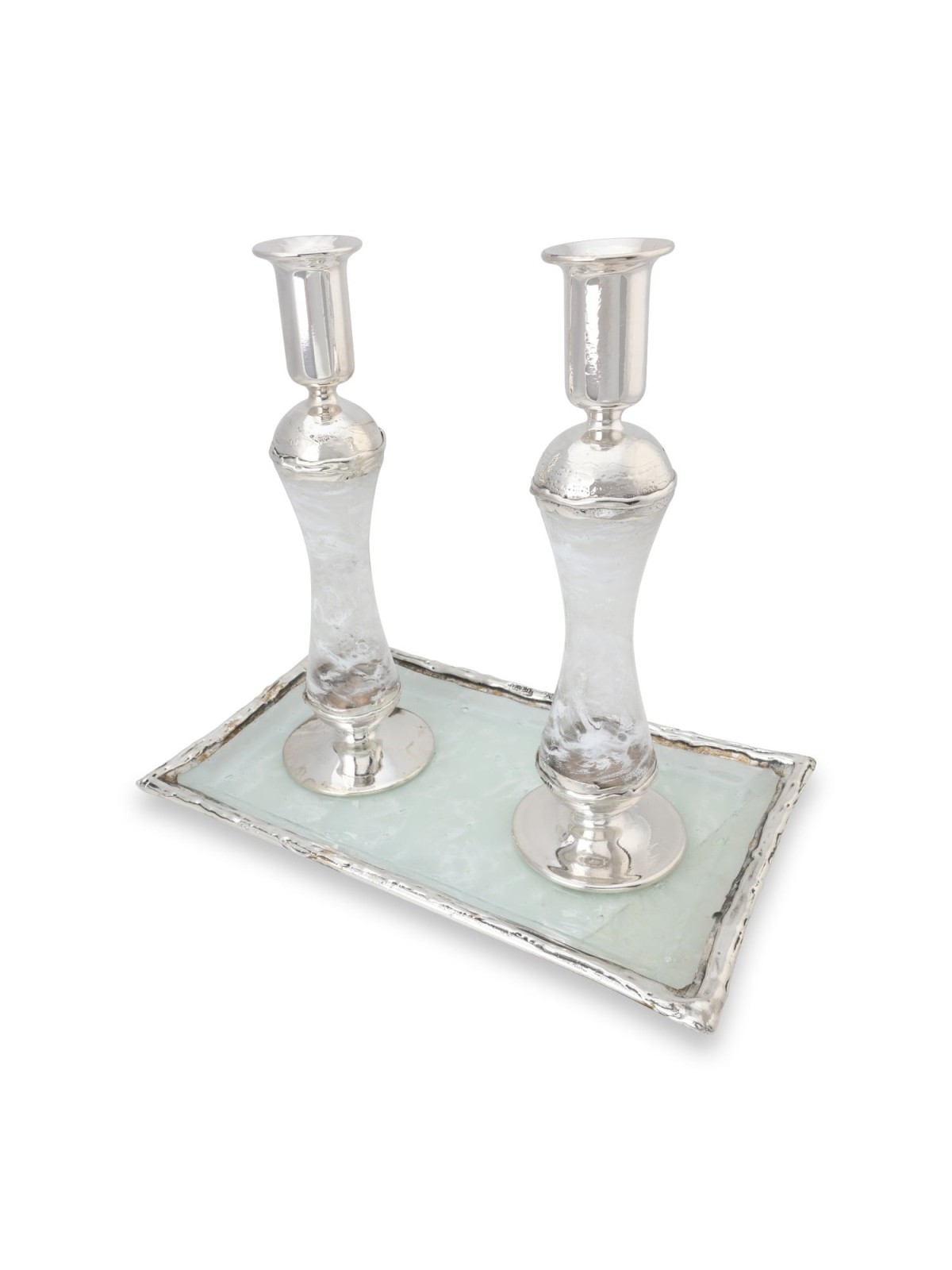 Large Sterling Silver-Plated Glass Shabbat Candlesticks (White)