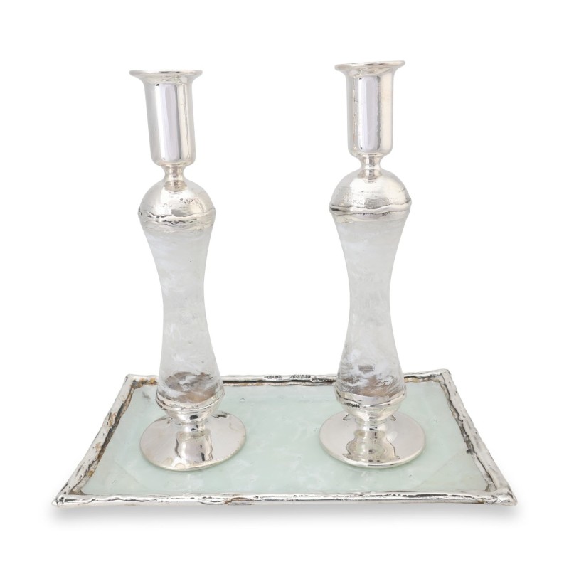 Large Sterling Silver-Plated Glass Shabbat Candlesticks (White)
