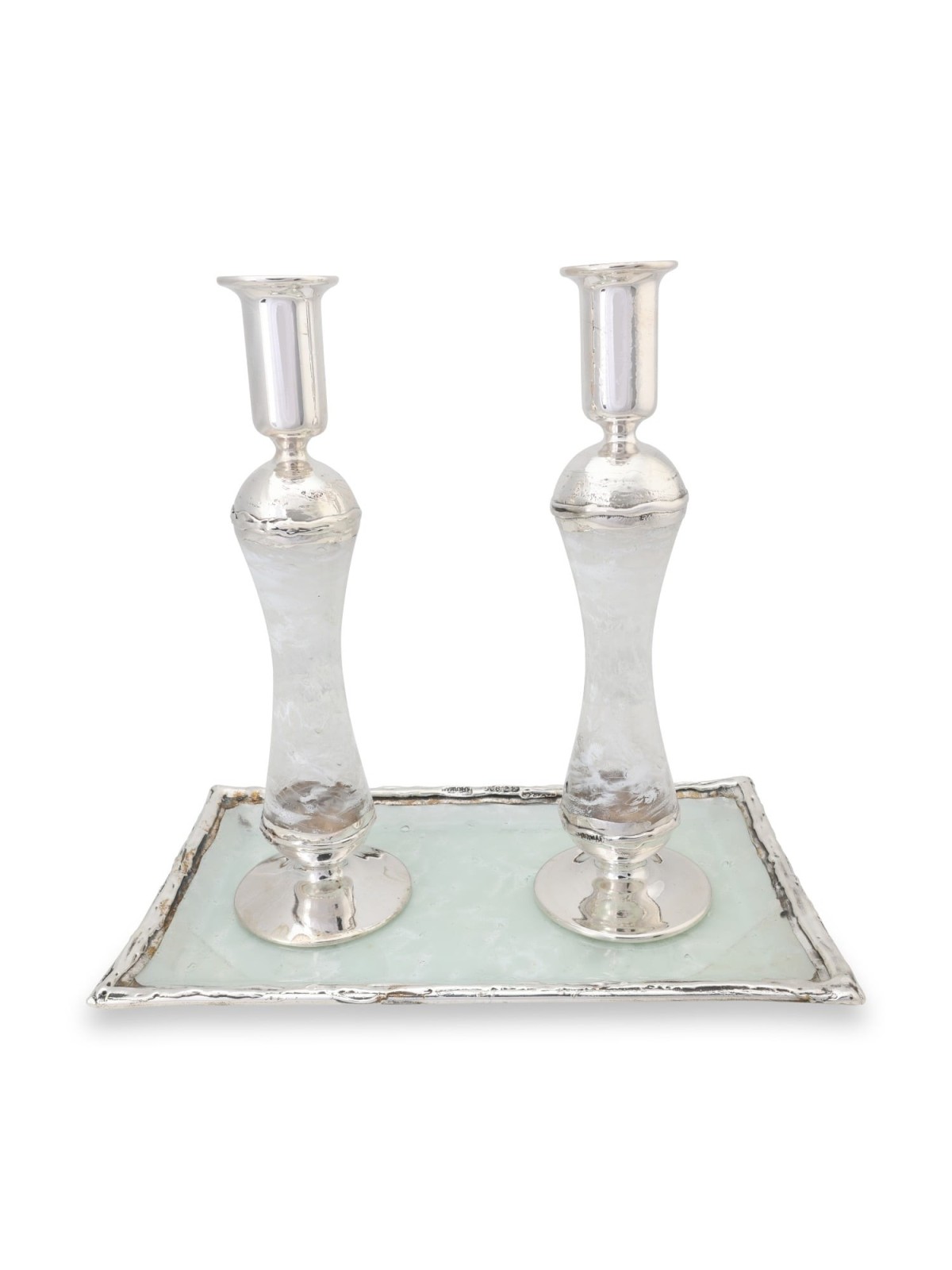 Large Sterling Silver-Plated Glass Shabbat Candlesticks (White)