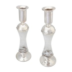 Large Sterling Silver-Plated Glass Shabbat Candlesticks (White)