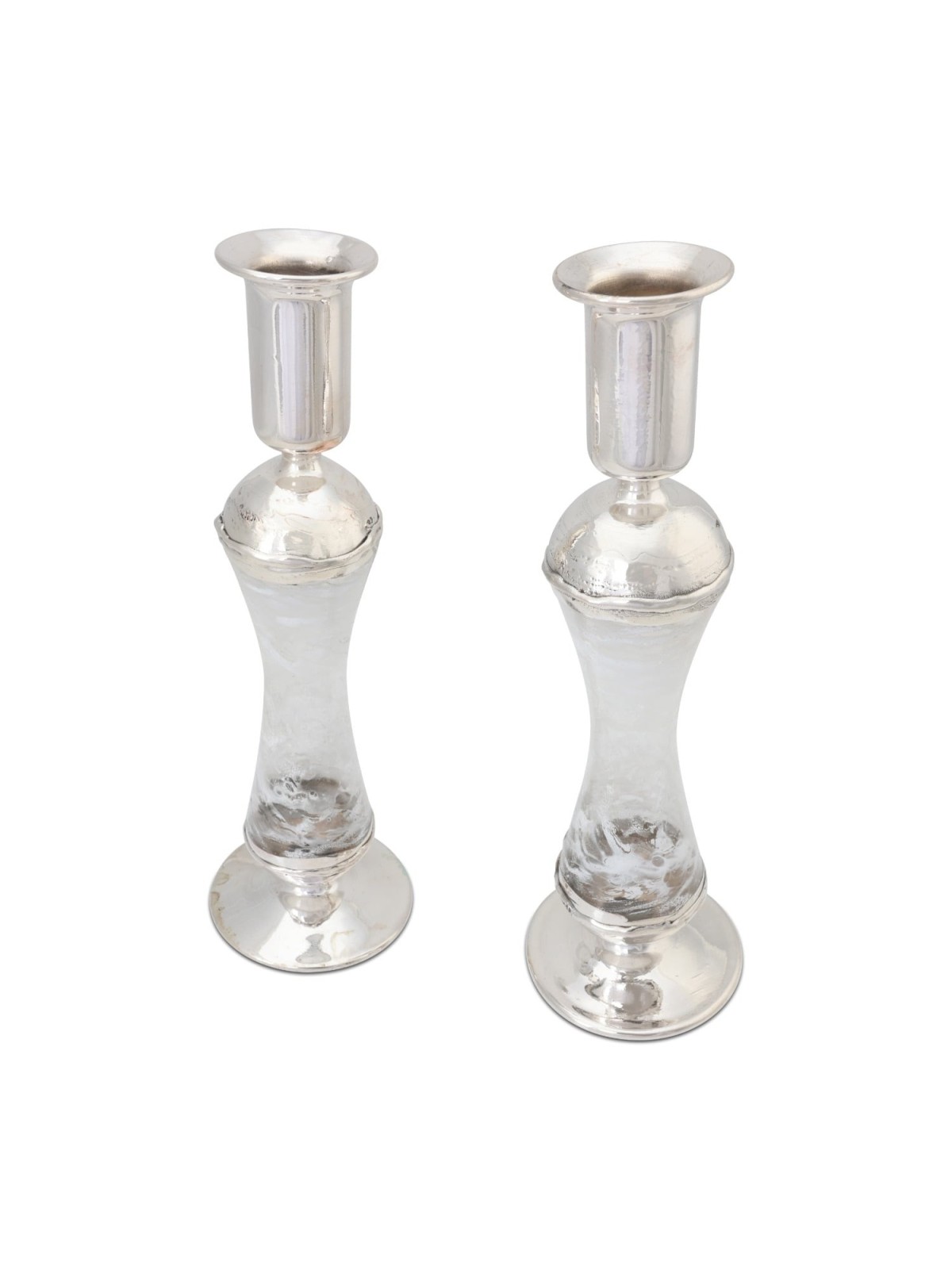 Large Sterling Silver-Plated Glass Shabbat Candlesticks (White)