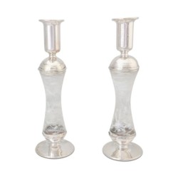Large Sterling Silver-Plated Glass Shabbat Candlesticks (White)