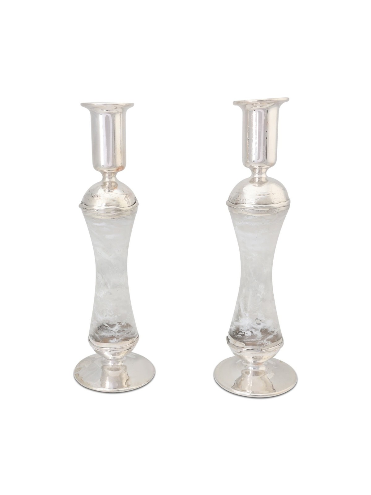 Large Sterling Silver-Plated Glass Shabbat Candlesticks (White)