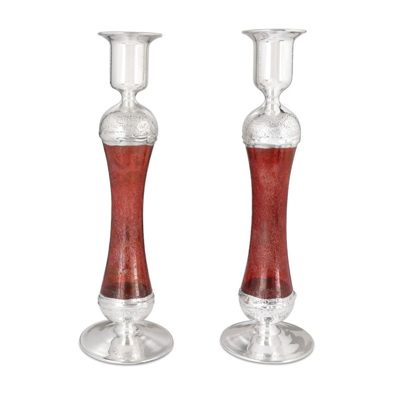 Large Handcrafted Sterling-Silver Plated Glass Shabbat Candlesticks (R