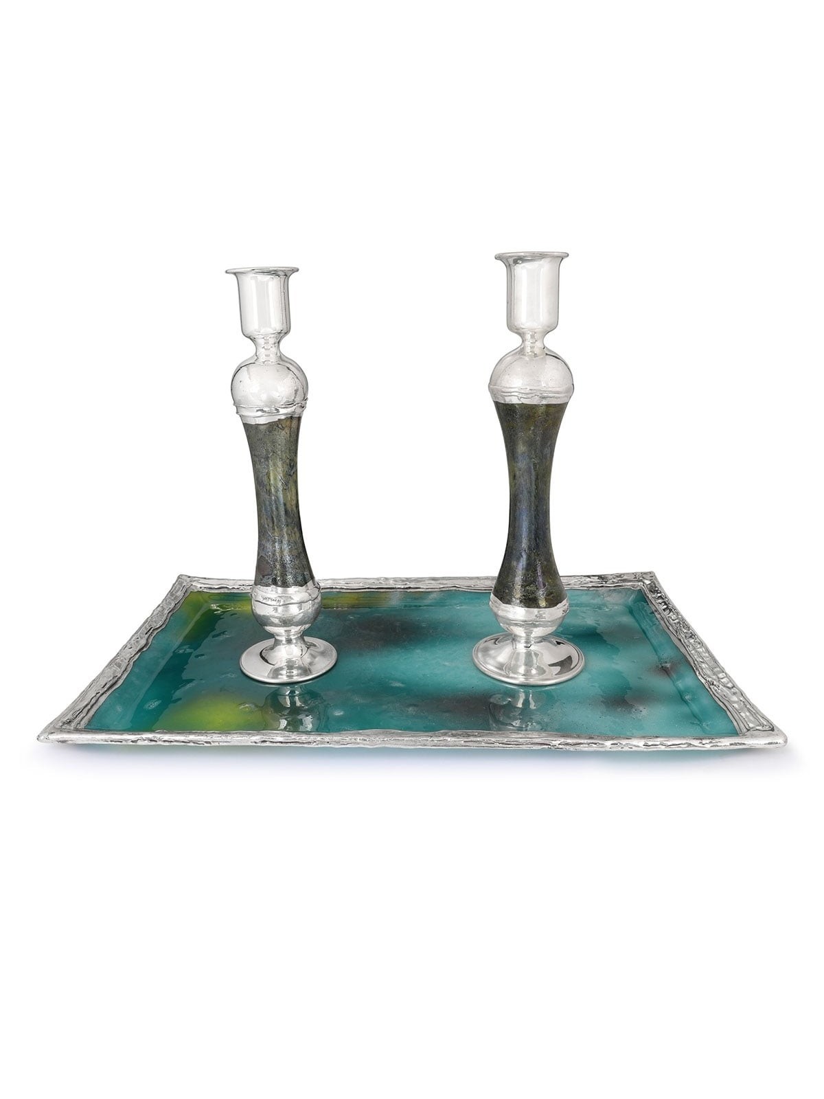 Refined Large Sterling Silver-Plated Glass Shabbat Candlesticks (Shade
