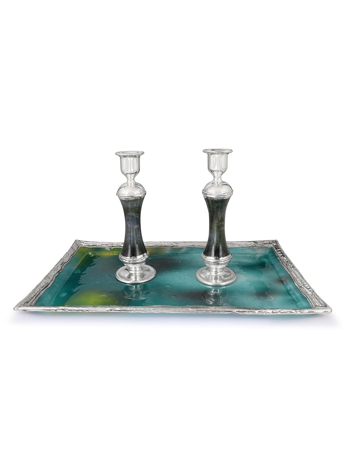 Refined Large Sterling Silver-Plated Glass Shabbat Candlesticks (Shade