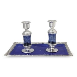 Handmade Dark Blue Glass and Sterling Silver-Plated Shabbat Candlestic