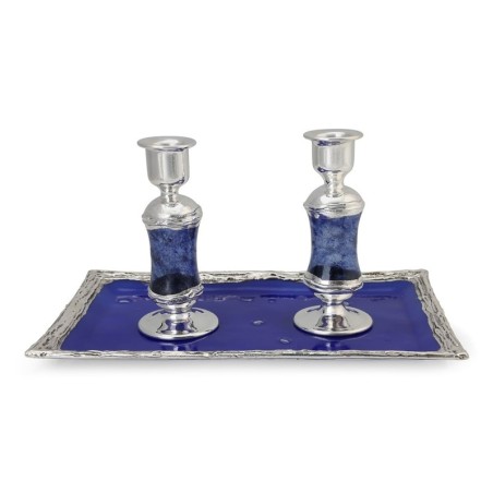 Handmade Dark Blue Glass and Sterling Silver-Plated Shabbat Candlestic