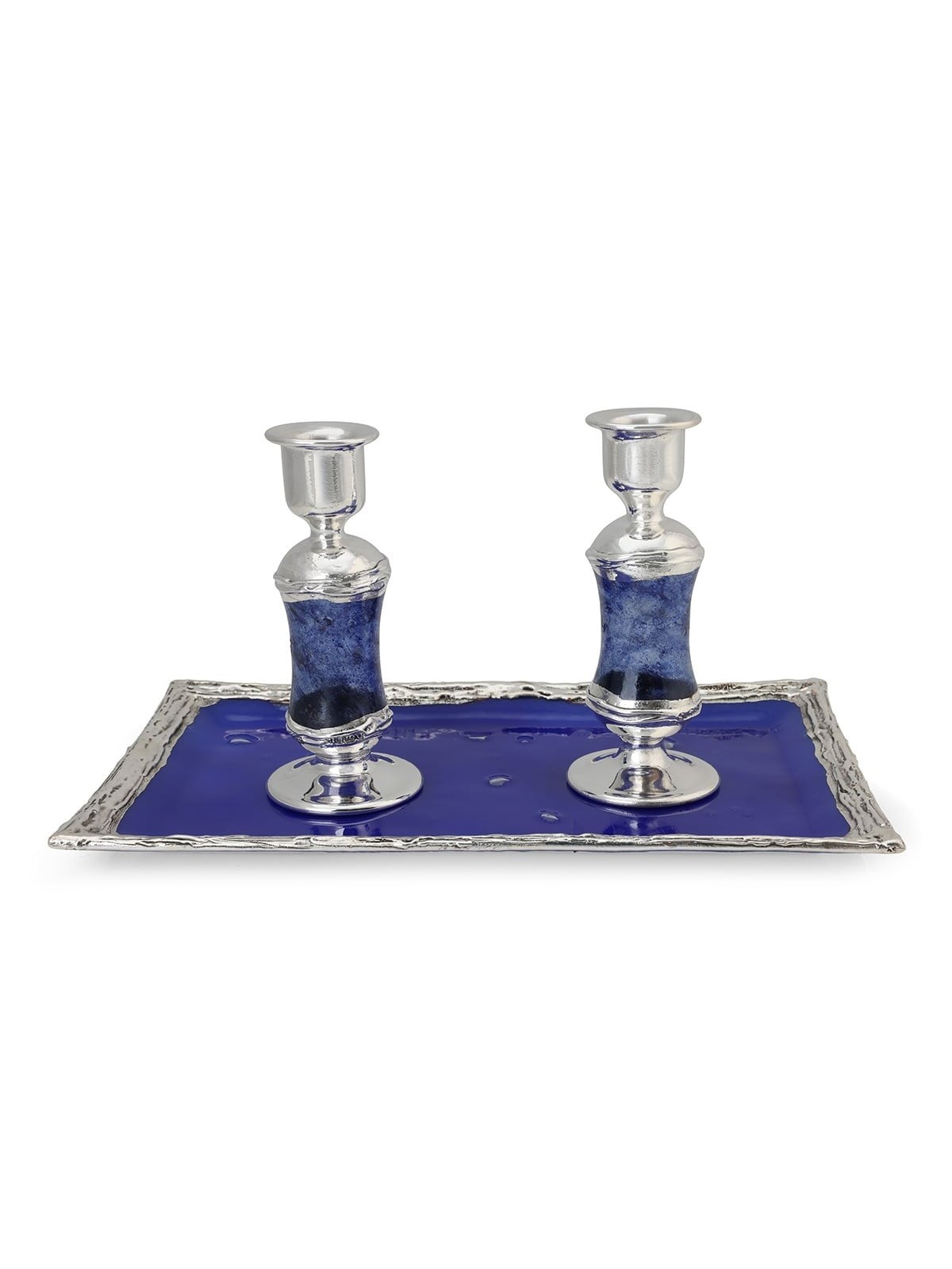 Handmade Dark Blue Glass and Sterling Silver-Plated Shabbat Candlestic