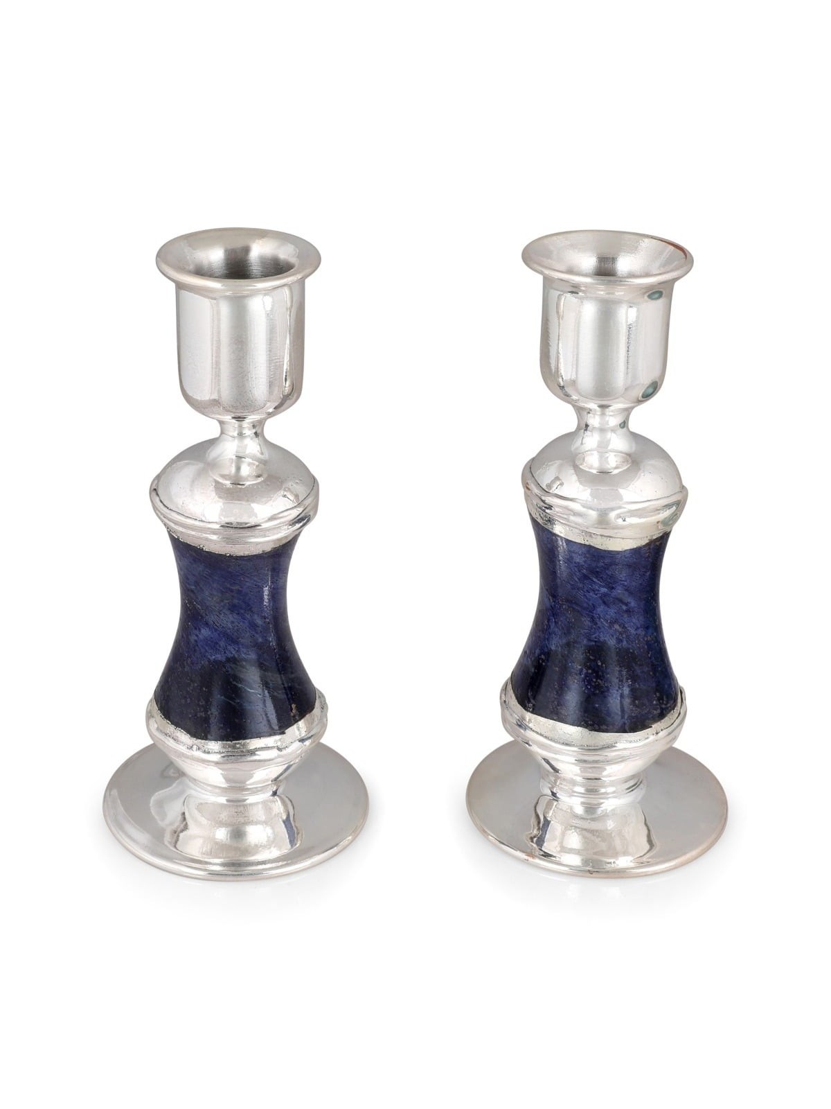 Handmade Dark Blue Glass and Sterling Silver-Plated Shabbat Candlestic