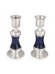 Handmade Dark Blue Glass and Sterling Silver-Plated Shabbat Candlestic