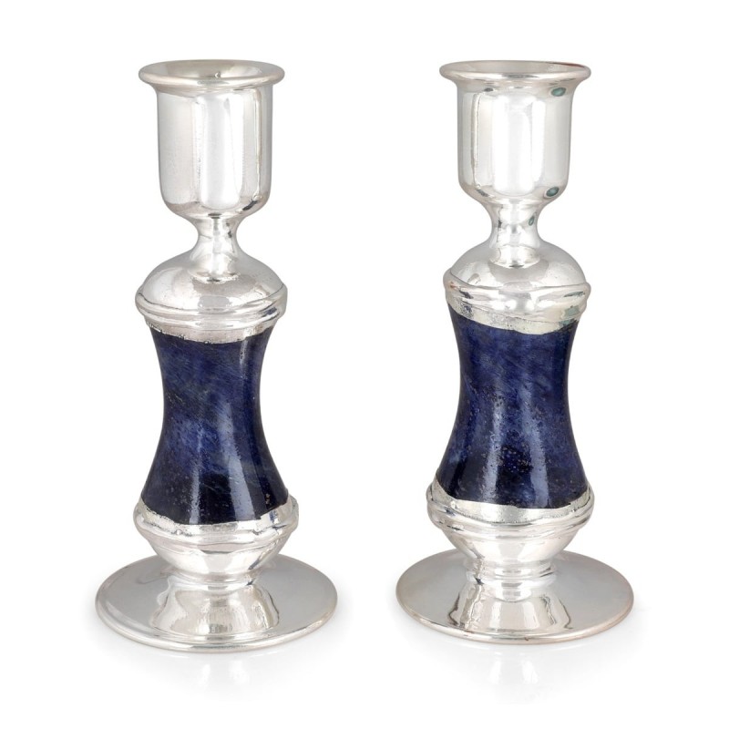 Handmade Dark Blue Glass and Sterling Silver-Plated Shabbat Candlestic