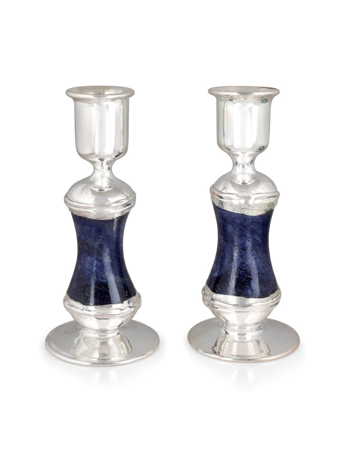 Handmade Dark Blue Glass and Sterling Silver-Plated Shabbat Candlestic