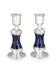 Handmade Dark Blue Glass and Sterling Silver-Plated Shabbat Candlestic