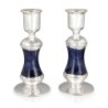 Handmade Dark Blue Glass and Sterling Silver-Plated Shabbat Candlestic