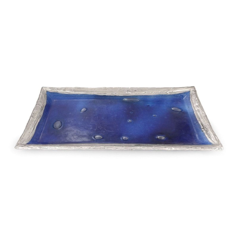 Handmade Dark Blue Glass and Sterling Silver-Plated Shabbat Candlestic