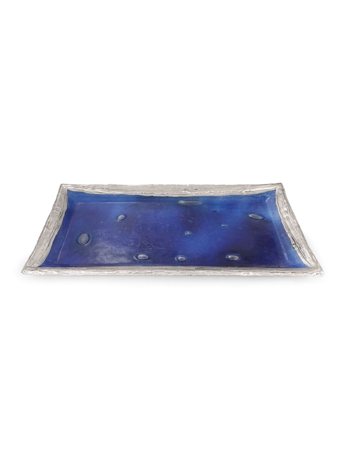 Handmade Dark Blue Glass and Sterling Silver-Plated Shabbat Candlestic