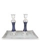 Tall Handmade Dark Blue Glass and Sterling Silver-Plated Shabbat Candl