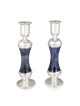 Tall Handmade Dark Blue Glass and Sterling Silver-Plated Shabbat Candl