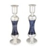 Tall Handmade Dark Blue Glass and Sterling Silver-Plated Shabbat Candl