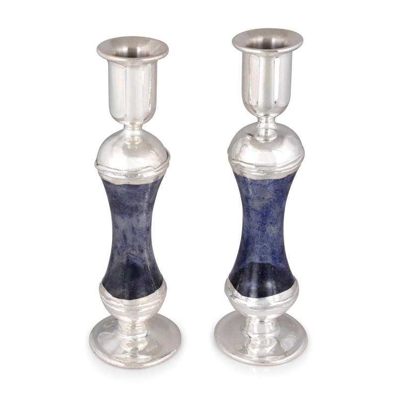 Tall Handmade Dark Blue Glass and Sterling Silver-Plated Shabbat Candl