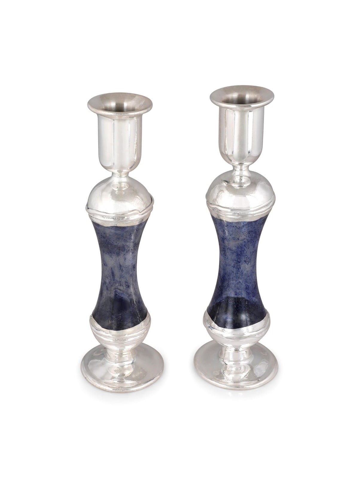 Tall Handmade Dark Blue Glass and Sterling Silver-Plated Shabbat Candl