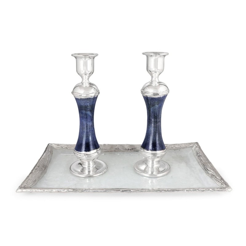 Tall Handmade Dark Blue Glass and Sterling Silver-Plated Shabbat Candl