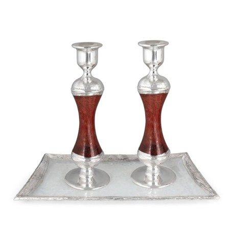 Tall Handmade Red Glass and Sterling Silver-Plated Shabbat Candlestick