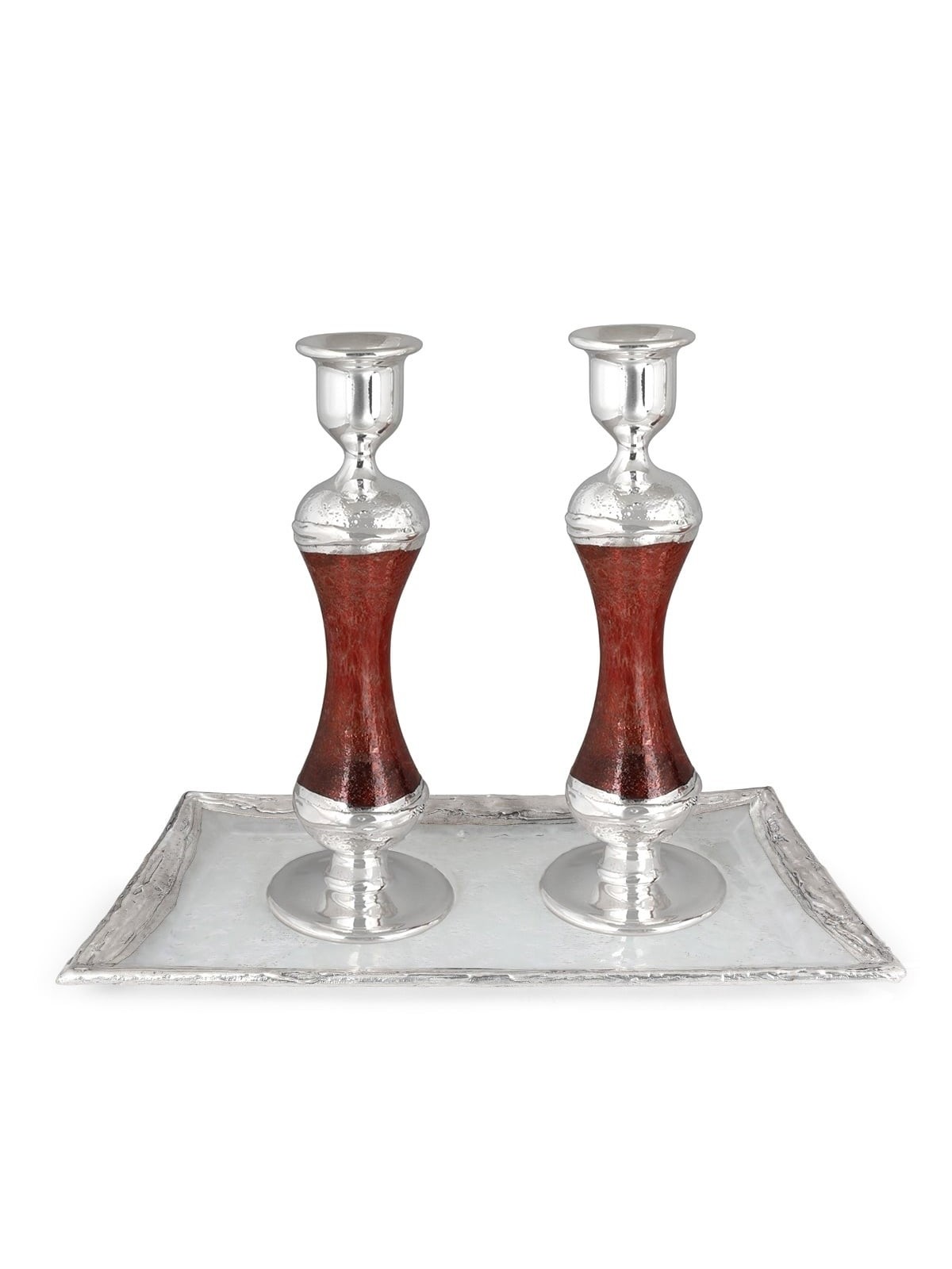 Tall Handmade Red Glass and Sterling Silver-Plated Shabbat Candlestick