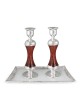 Tall Handmade Red Glass and Sterling Silver-Plated Shabbat Candlestick