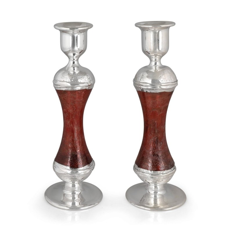 Tall Handmade Red Glass and Sterling Silver-Plated Shabbat Candlestick