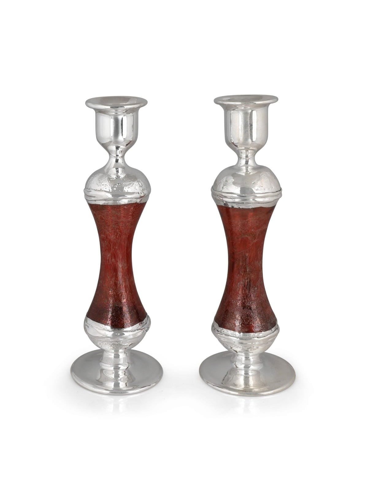 Tall Handmade Red Glass and Sterling Silver-Plated Shabbat Candlestick