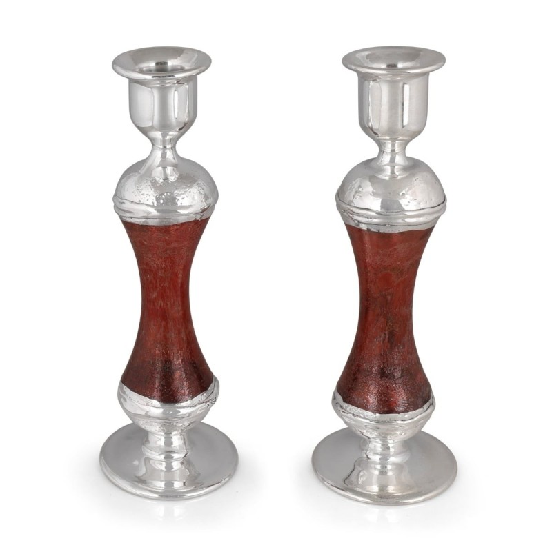 Tall Handmade Red Glass and Sterling Silver-Plated Shabbat Candlestick