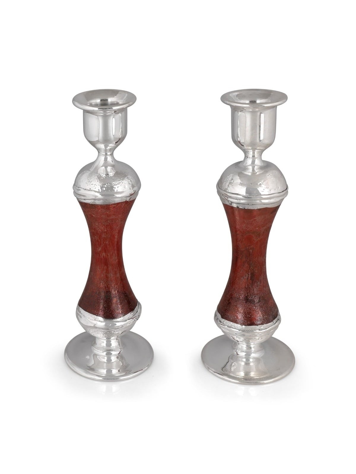 Tall Handmade Red Glass and Sterling Silver-Plated Shabbat Candlestick