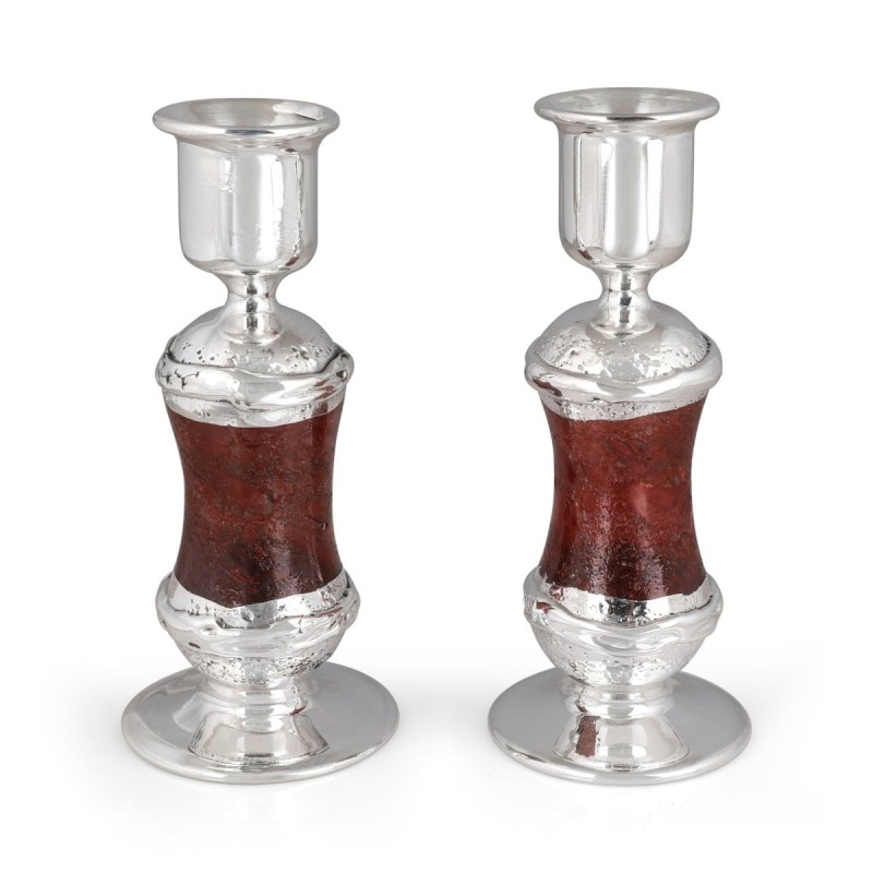 Handmade Red Glass and Sterling Silver-Plated Shabbat Candlesticks