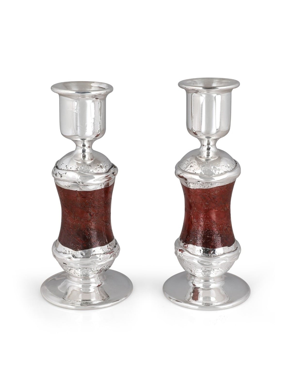 Handmade Red Glass and Sterling Silver-Plated Shabbat Candlesticks