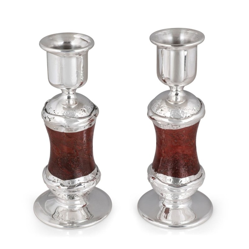 Handmade Red Glass and Sterling Silver-Plated Shabbat Candlesticks
